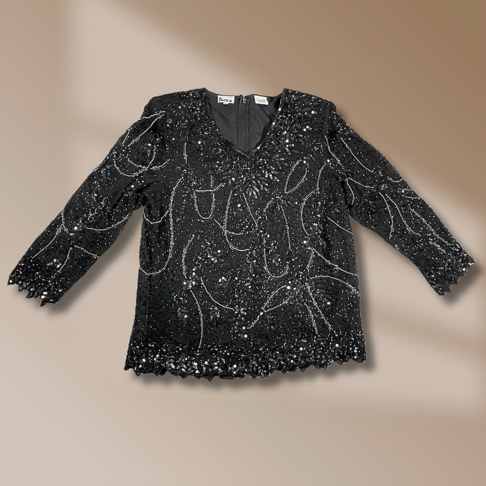 PATRA Women's 16 Black Silk Sequin Beaded Formal Top Elegant Evening Blouse
